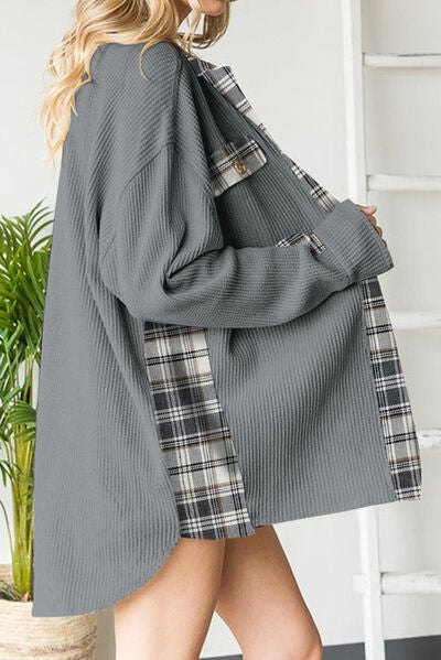 Plaid Button Down Collared Jacket Trendsi