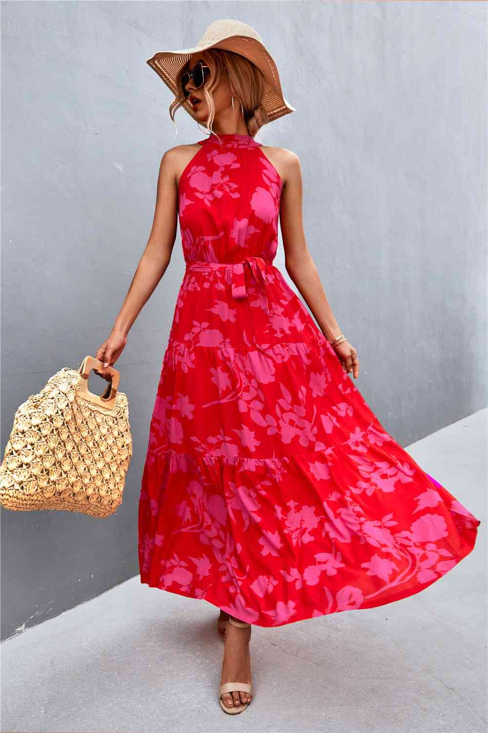 Printed Sleeveless Tie Waist Maxi Dress Bazaarbey