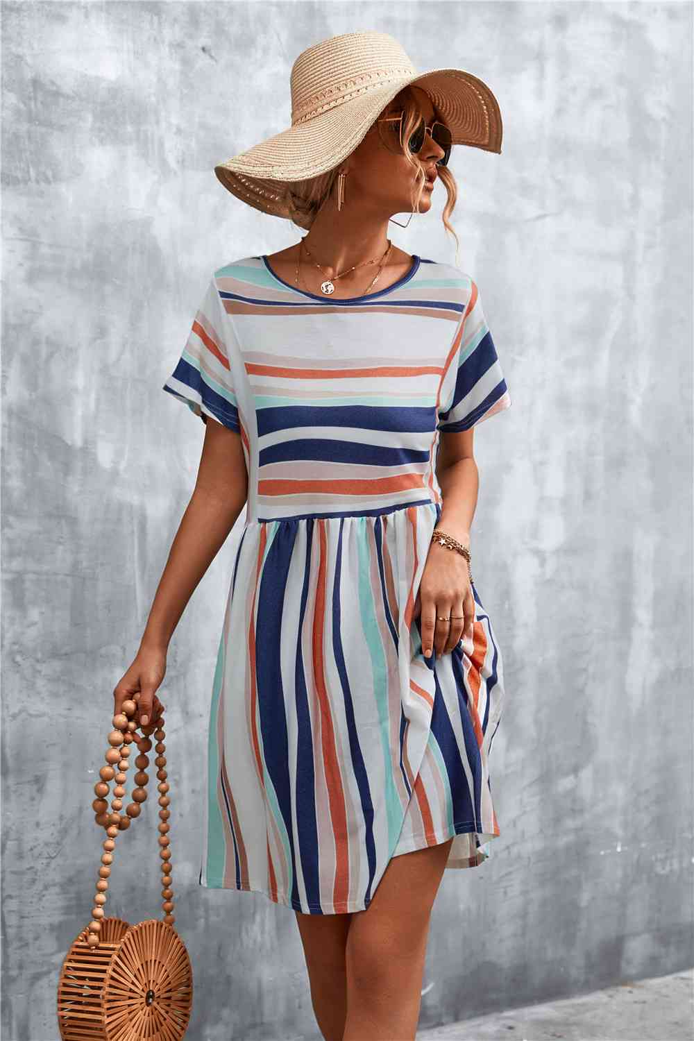 Striped Round Neck Dress -BazaarBey - www.shopbazaarbey.com