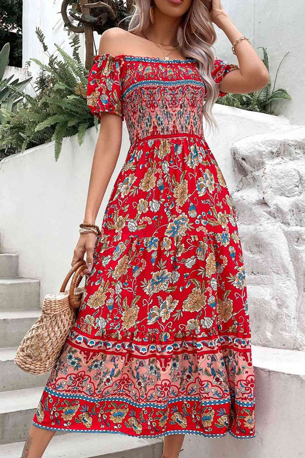 Floral Off-Shoulder Smocked Midi Dress -BazaarBey - www.shopbazaarbey.com