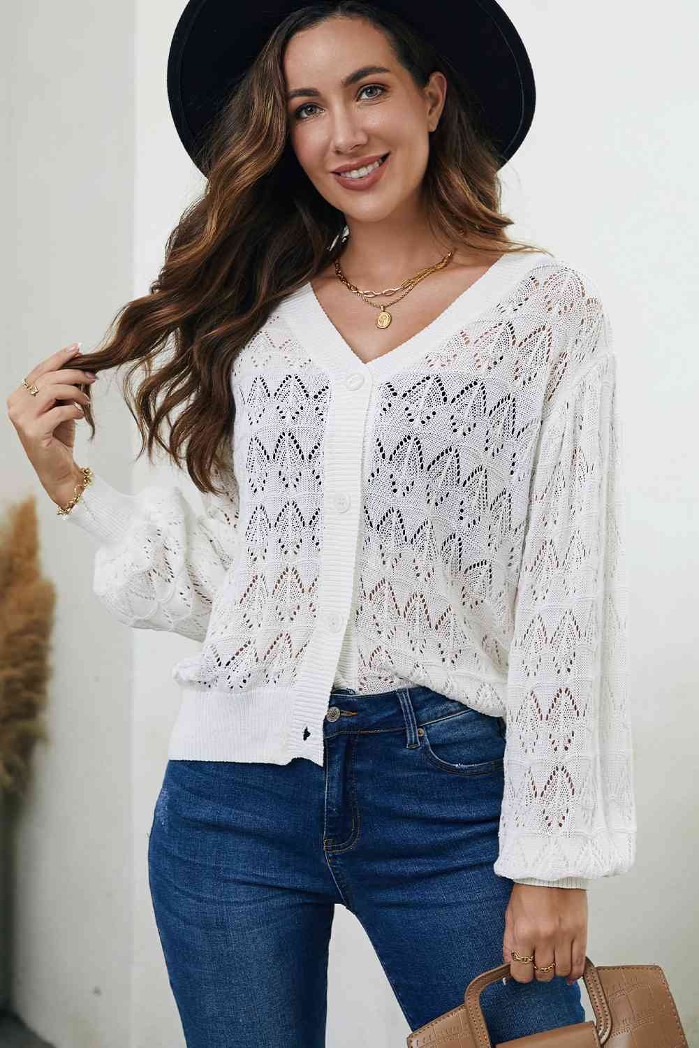 Openwork V-Neck Cardigan Bazaarbey