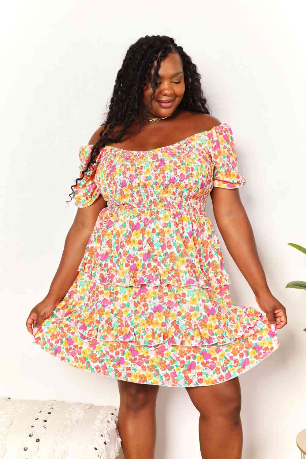  Smocked Sweetheart Neck Flounce Sleeve Mini Dress -BazaarBey - www.shopbazaarbey.com