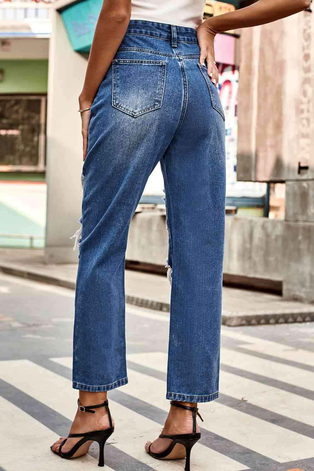 Distressed Buttoned Jeans with Pockets Trendsi