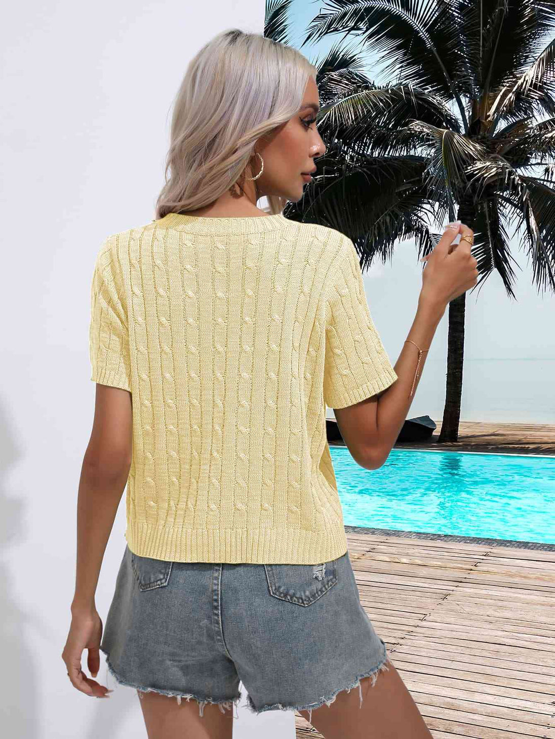 Cable-Knit Round Neck Short Sleeve Knit Top Trendsi