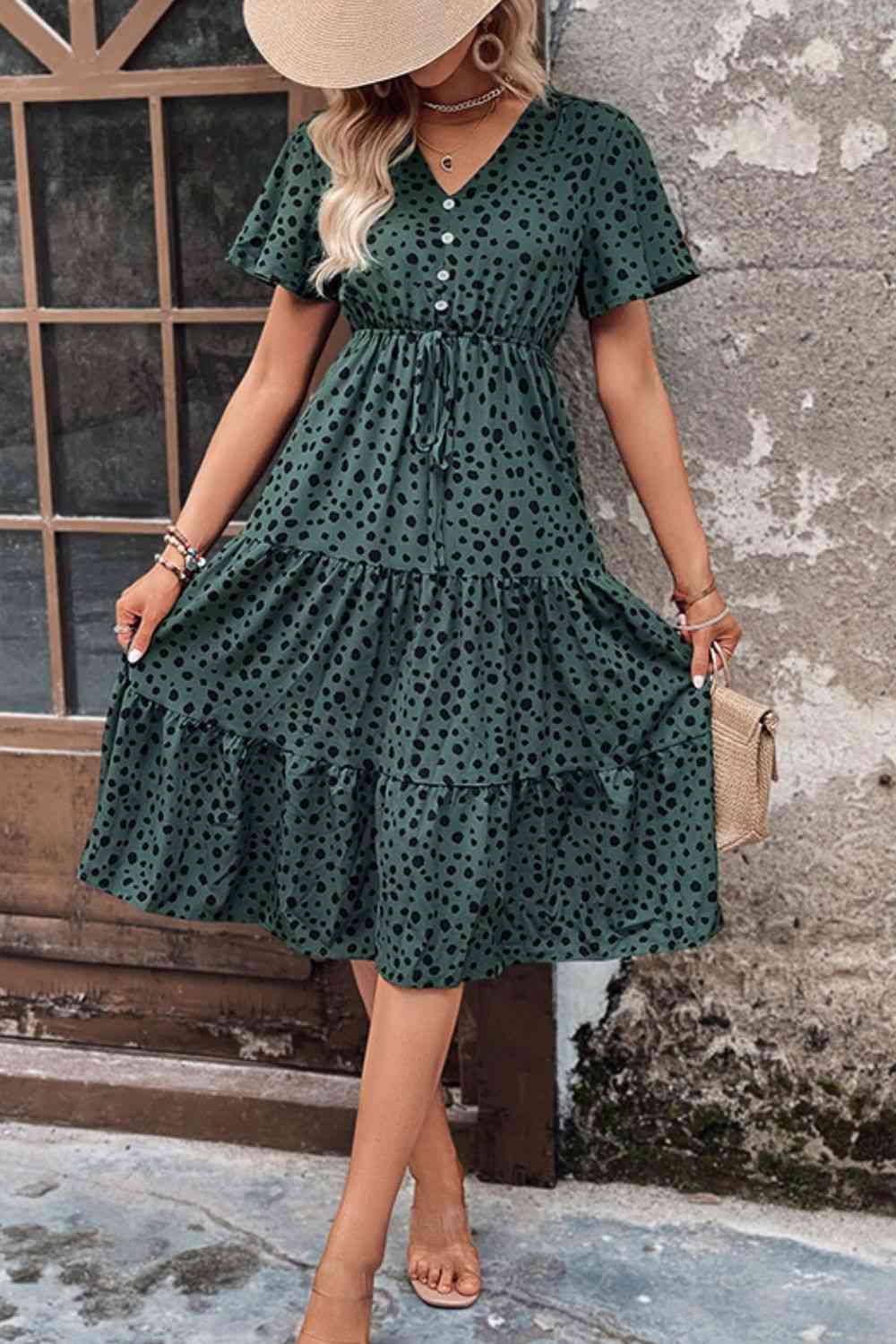 Printed Buttoned V-Neck Flutter Sleeve Dress -BazaarBey - www.shopbazaarbey.com