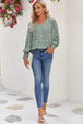 Printed V-Neck Smocked Lantern Sleeve Blouse Trendsi