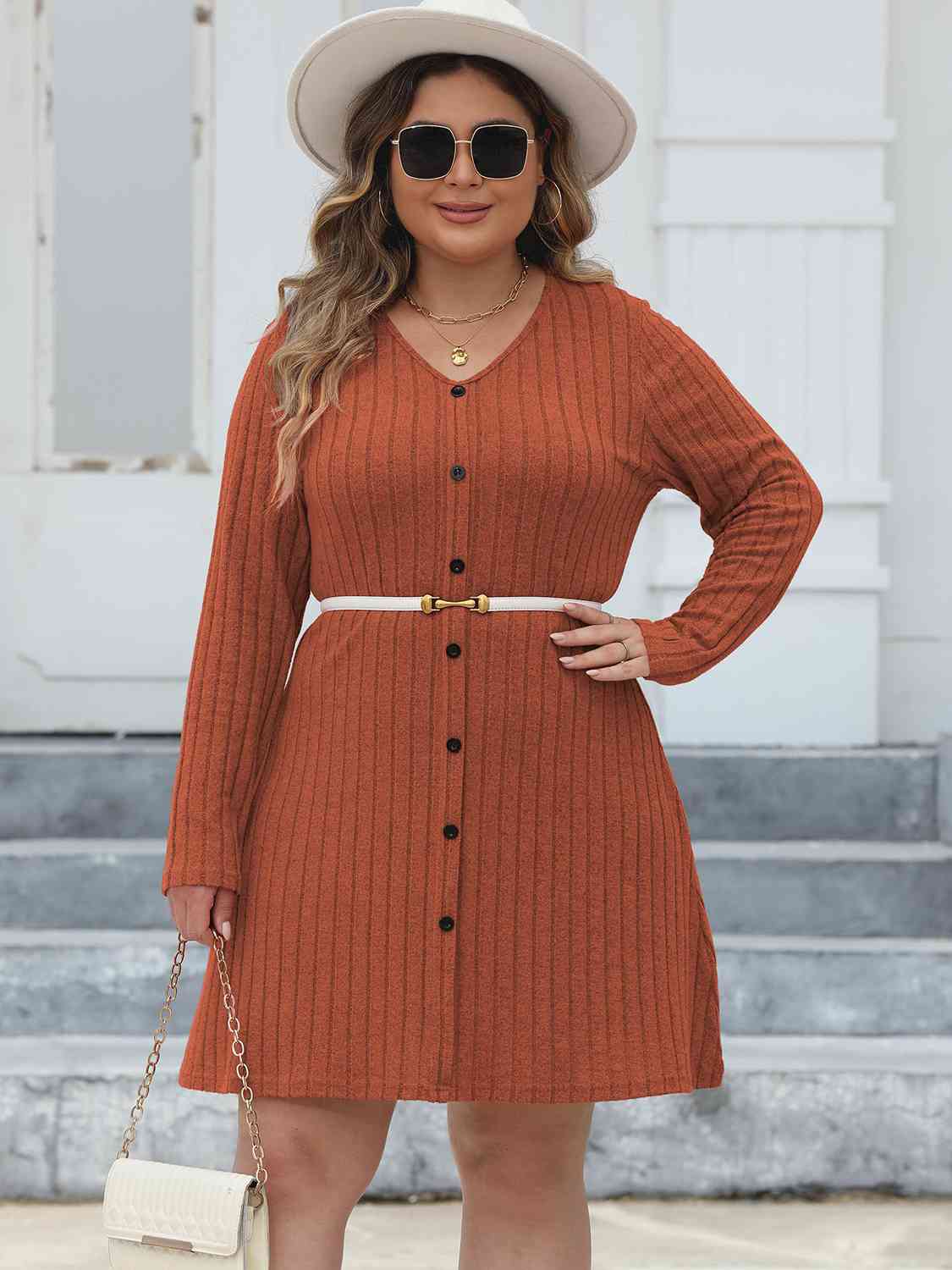 Plus Size Ribbed Buttoned V-Neck Long Sleeve Dress -BazaarBey - www.shopbazaarbey.com