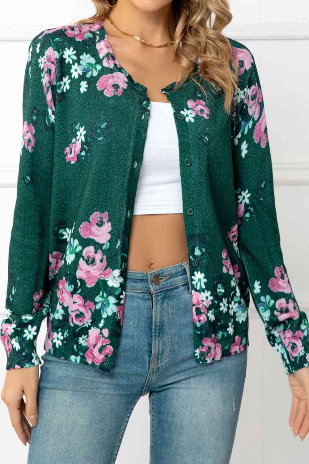  Floral Button Front Round Neck Cardigan Trendsi