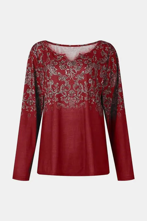 Printed Notched Long Sleeve T-Shirt Trendsi