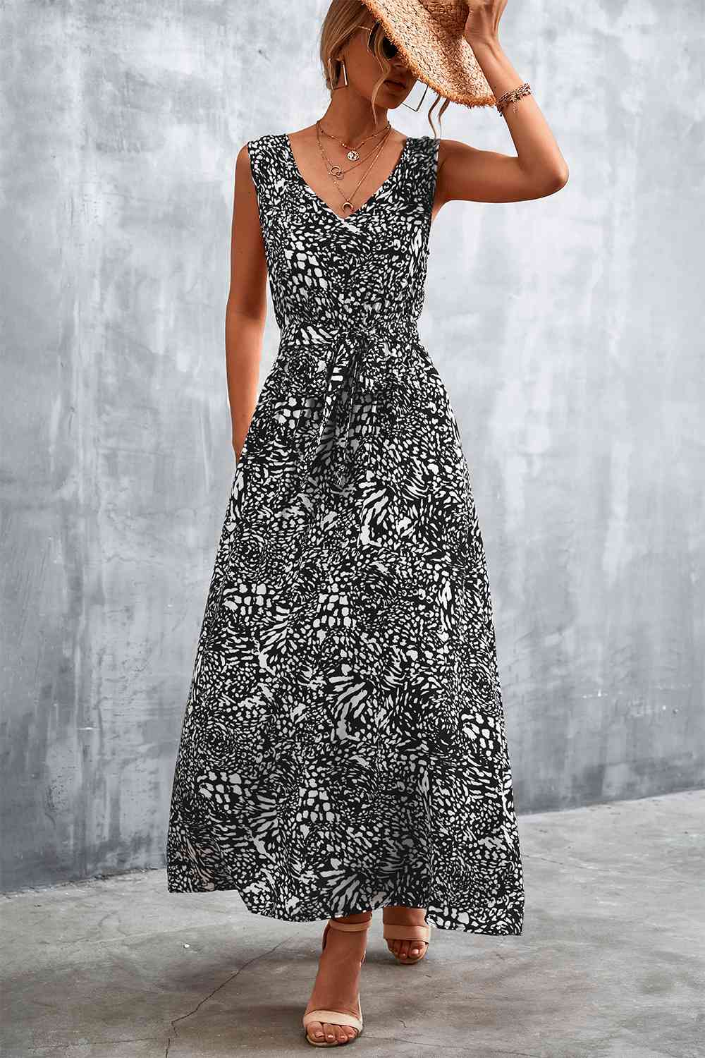 Printed V-Neck Tie Waist Maxi Dress Bazaarbey