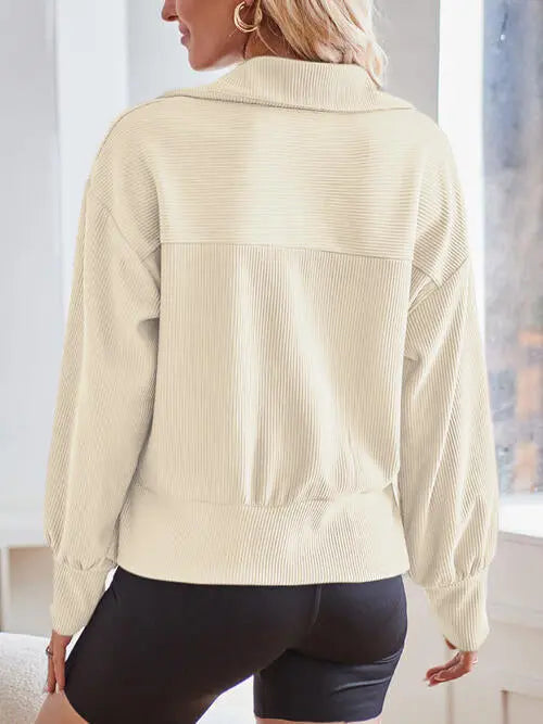 Ribbed Half Zip Collared Neck Sweatshirt Bazaarbey