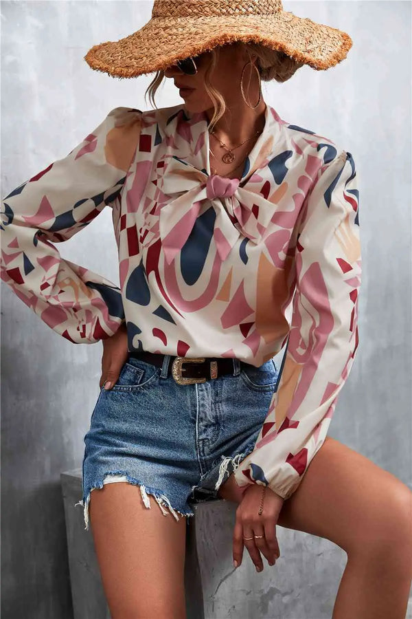 BazaarBey Printed Tie Neck Puff Sleeve Blouse Bazaarbey