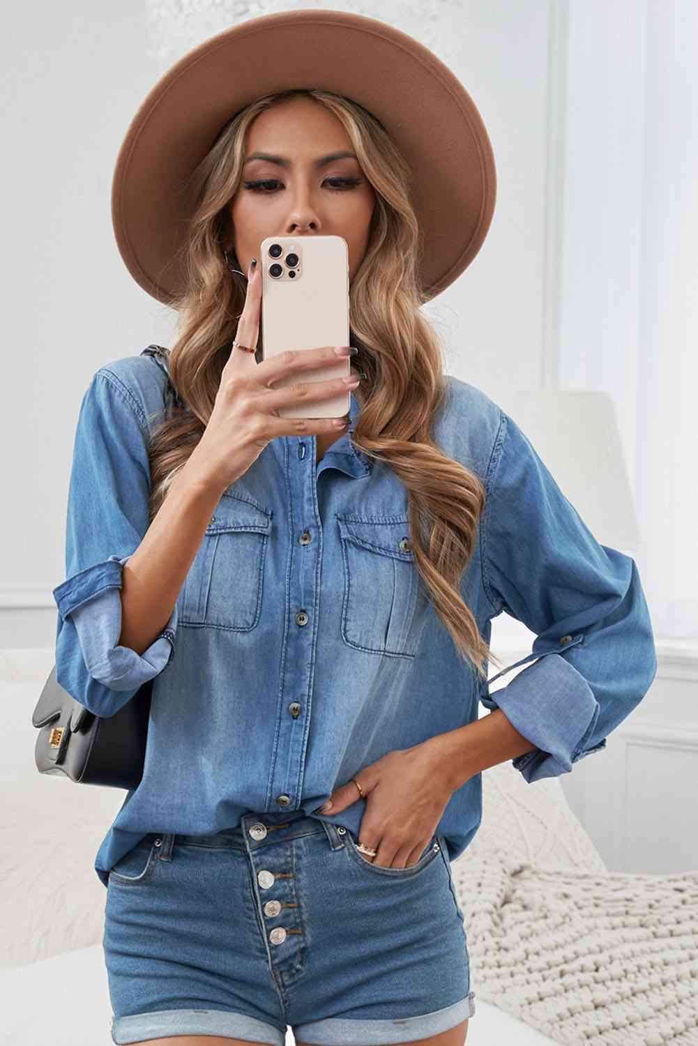 Button Front Roll-Tab Sleeve Denim Shirt Bazaarbey