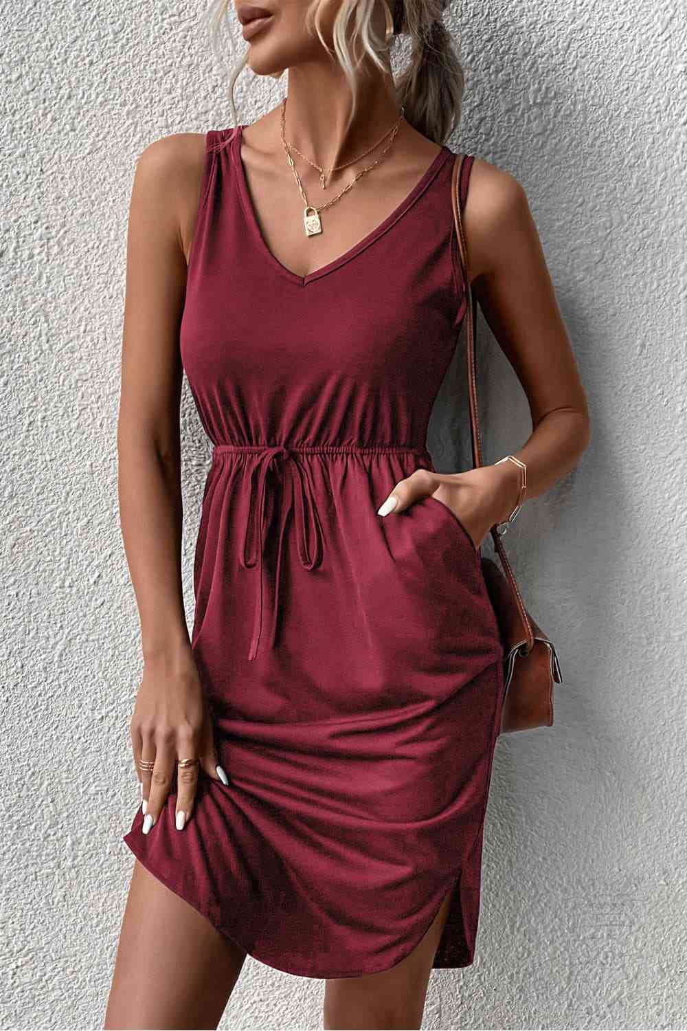 V-Neck Curved Hem Sleeveless Dress -BazaarBey - www.shopbazaarbey.com