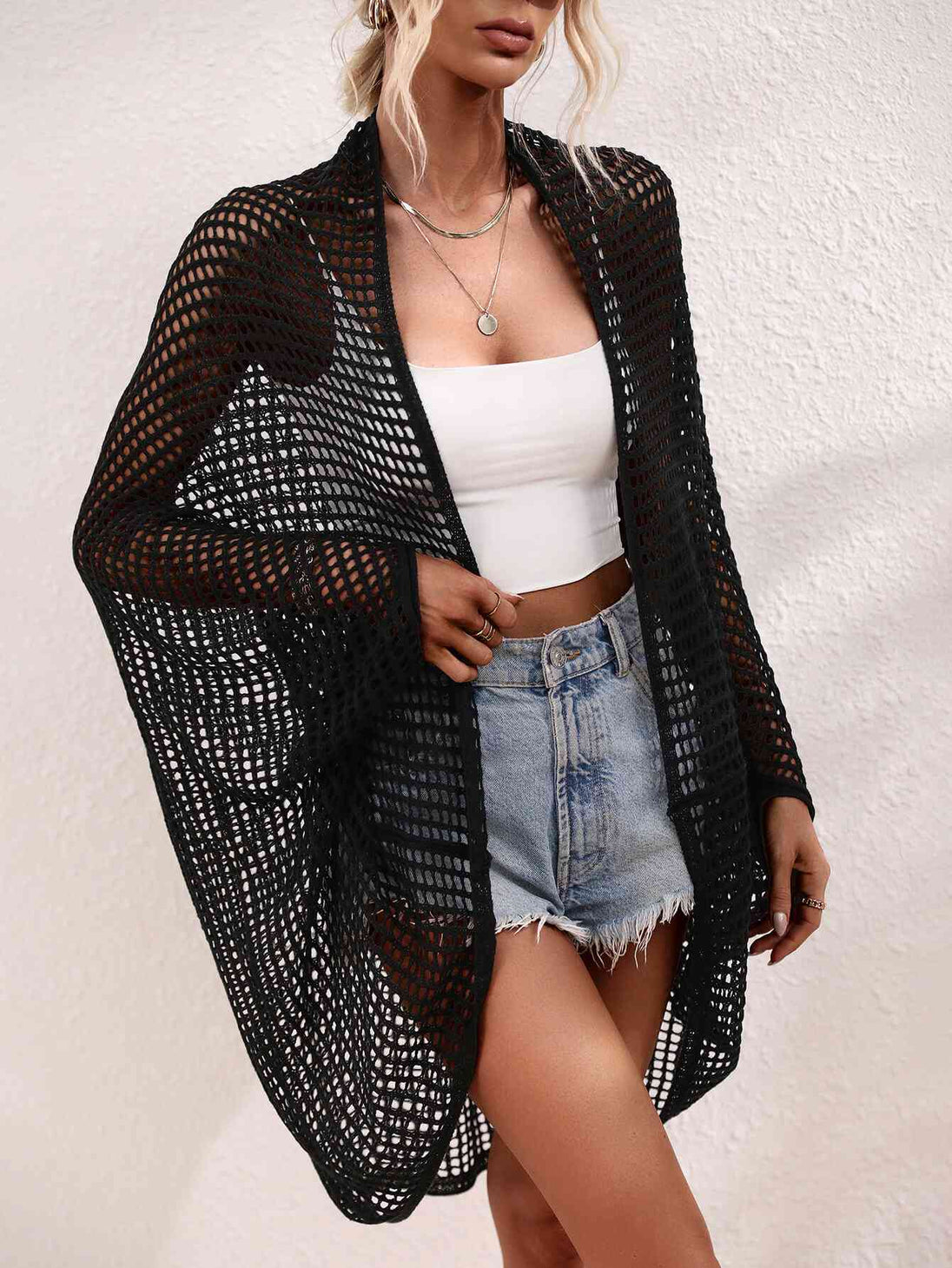 Openwork Open Front Longline Cover Up Bazaarbey