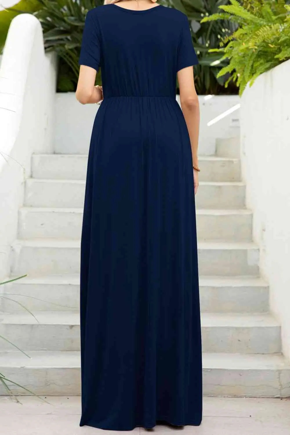 Round Neck Maxi Tee Dress with Pockets -BazaarBey - www.shopbazaarbey.com