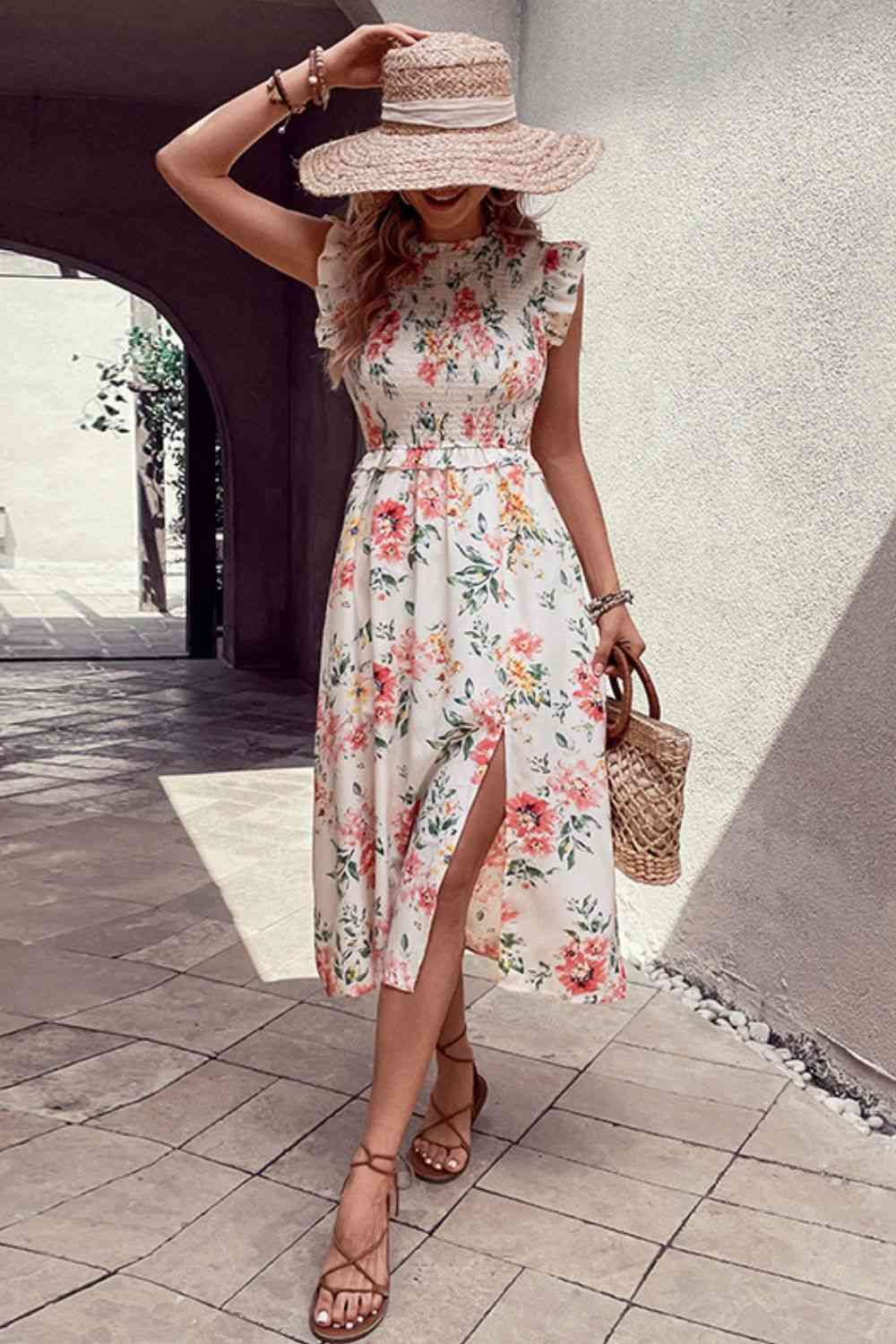 Floral Smocked Butterfly Sleeve Slit Dress -BazaarBey - www.shopbazaarbey.com