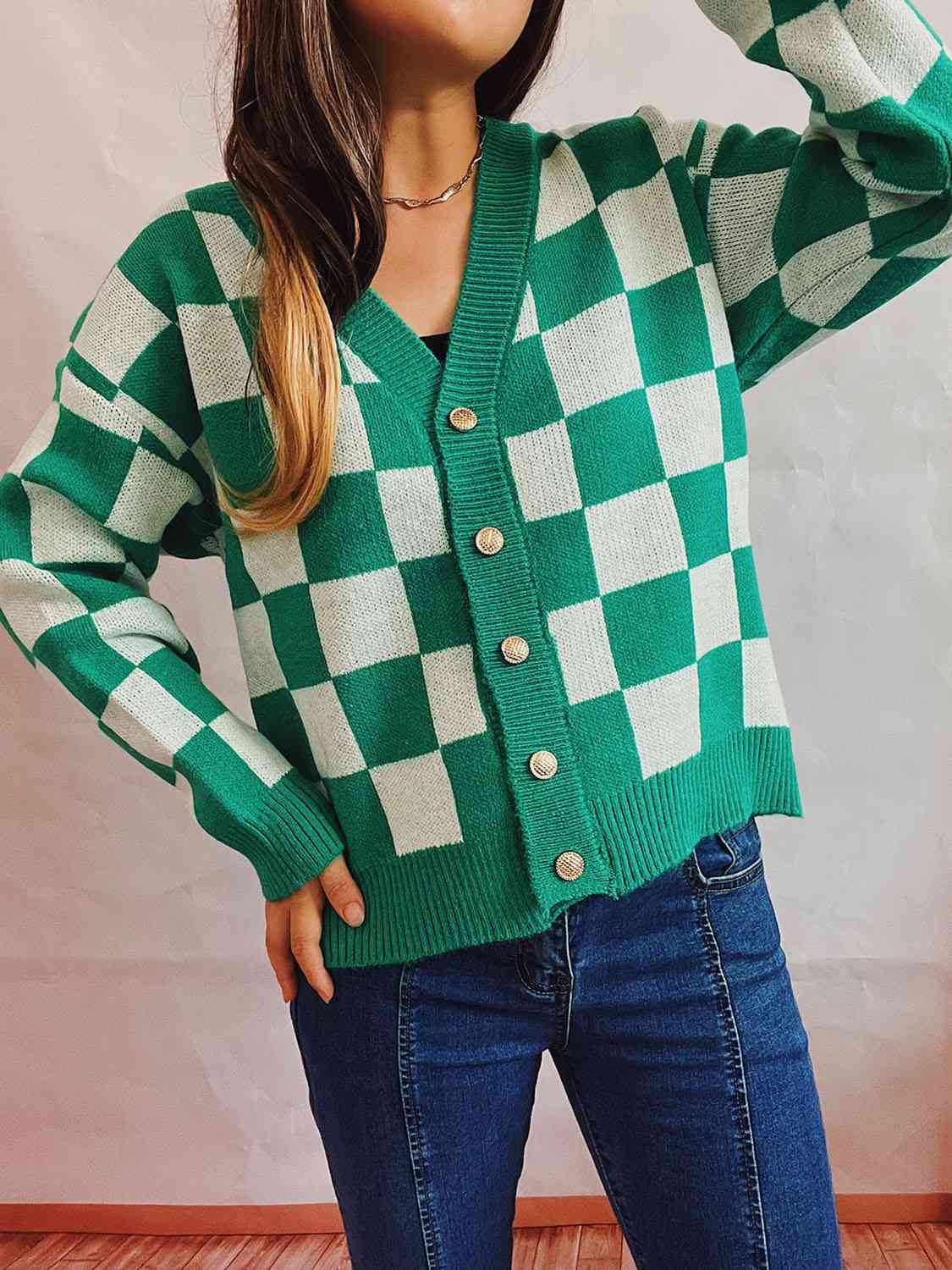 Checkered Open Front Button Up Cardigan Bazaarbey