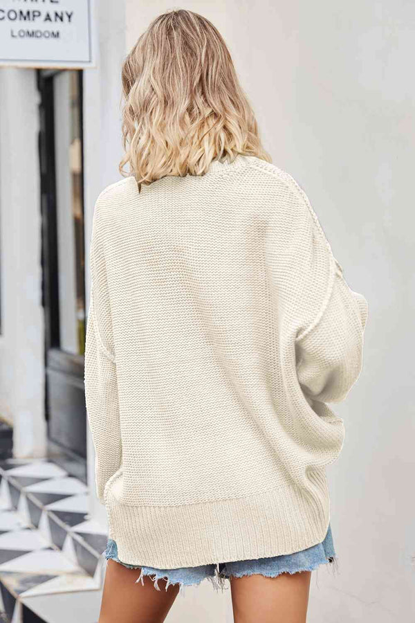 V-Neck Ribbed Dropped Shoulder Knit Top Trendsi