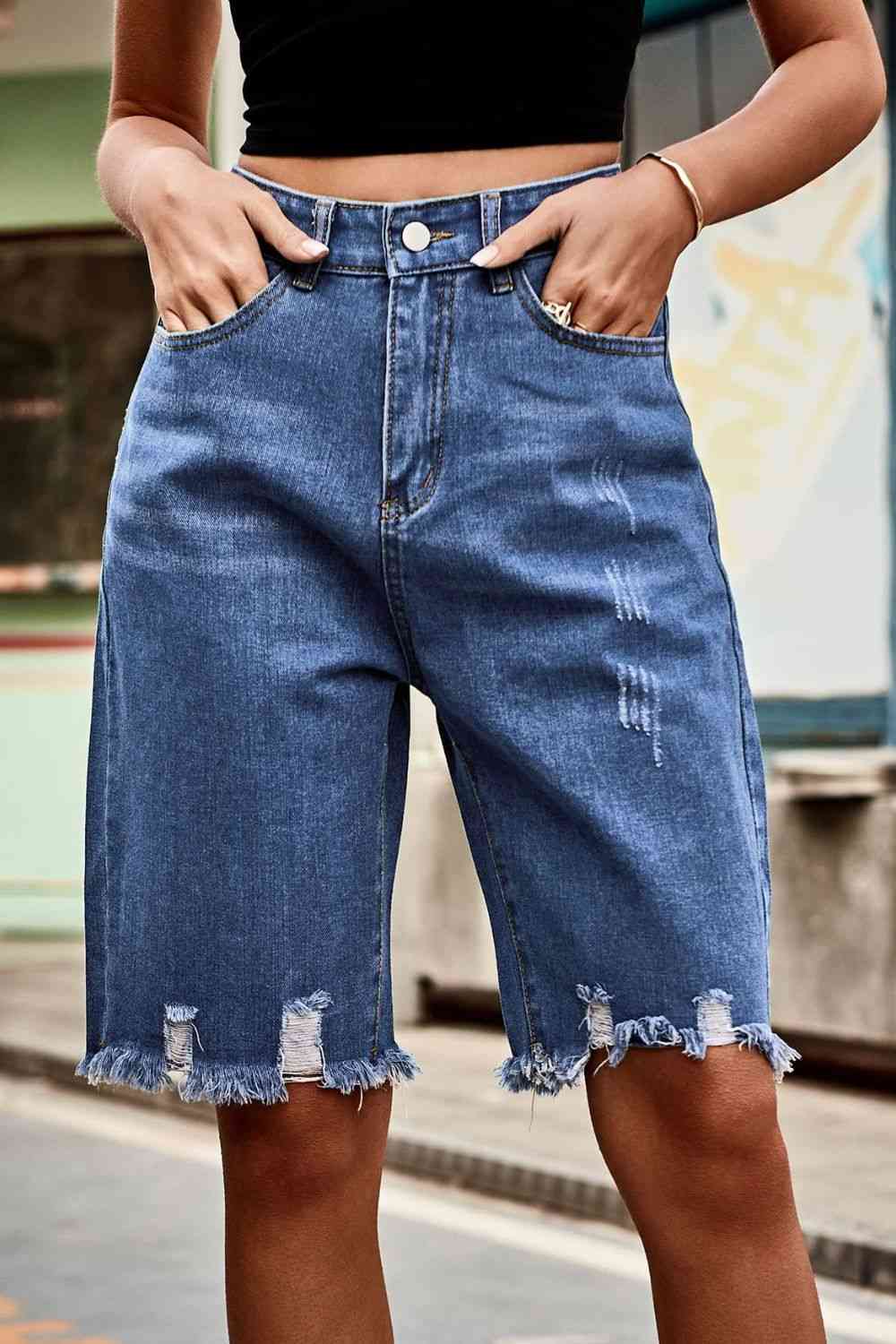 Raw Hem High Waist Denim Shorts with Pockets Bazaarbey