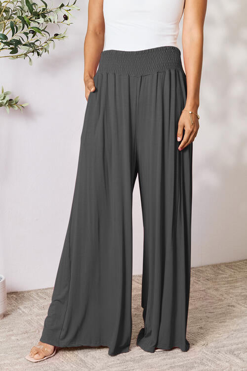   Smocked Wide Waistband Wide Leg Pants Bazaarbey