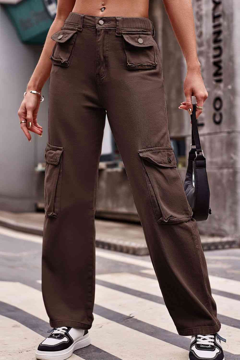 Buttoned Knee Pockets Loose Fit Jeans Bazaarbey