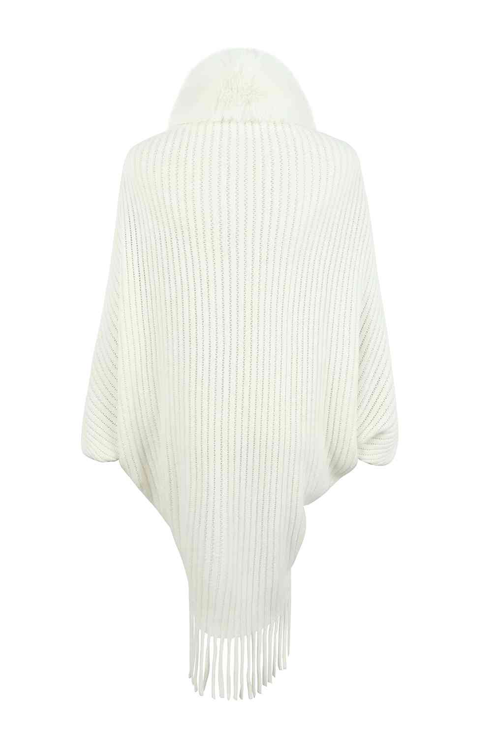 Fringe Detail Long Sleeve Ribbed Poncho Bazaarbey