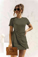 Round Neck Cuffed Sleeve Side Tie Dress -BazaarBey - www.shopbazaarbey.com
