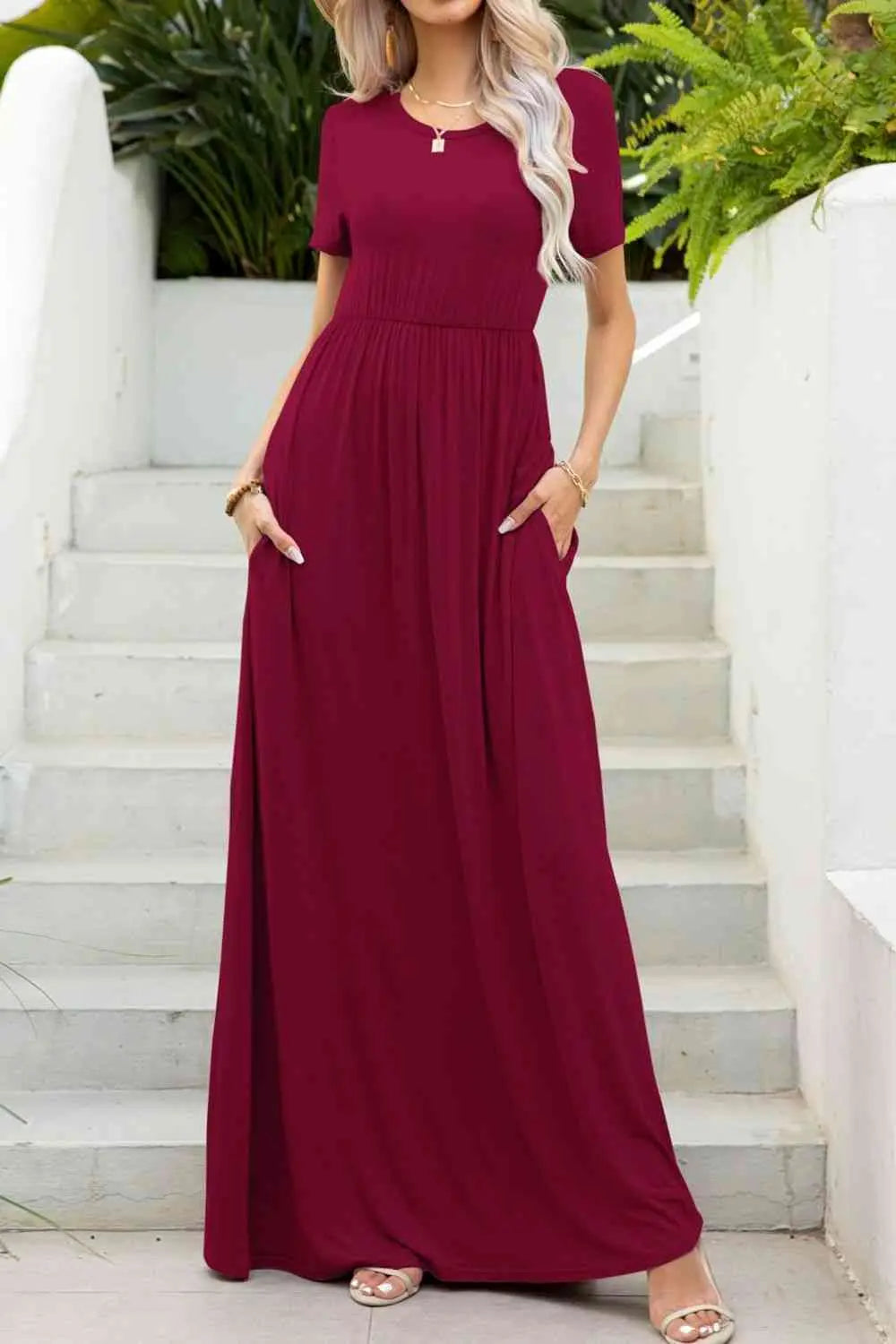Round Neck Maxi Tee Dress with Pockets -BazaarBey - www.shopbazaarbey.com