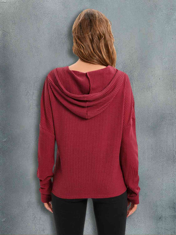 Waffle-Knit Drawstring Drop Shoulder Hoodie Trendsi