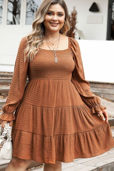 Plus Size Smocked Square Neck Tiered Dress -BazaarBey - www.shopbazaarbey.com