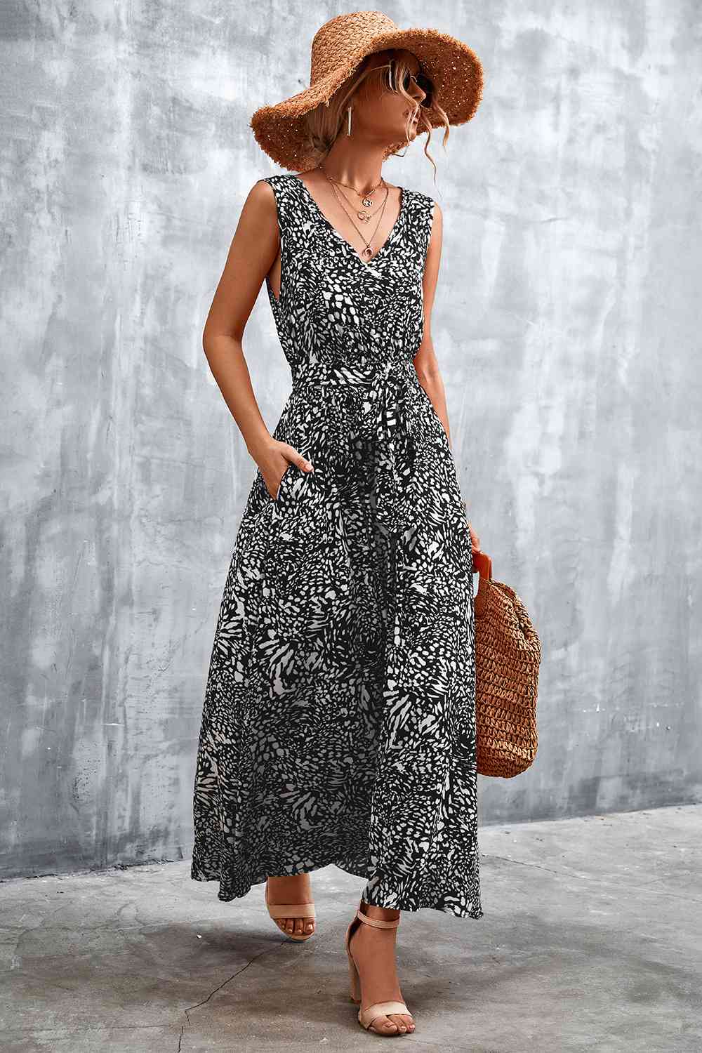 Printed V-Neck Tie Waist Maxi Dress Bazaarbey