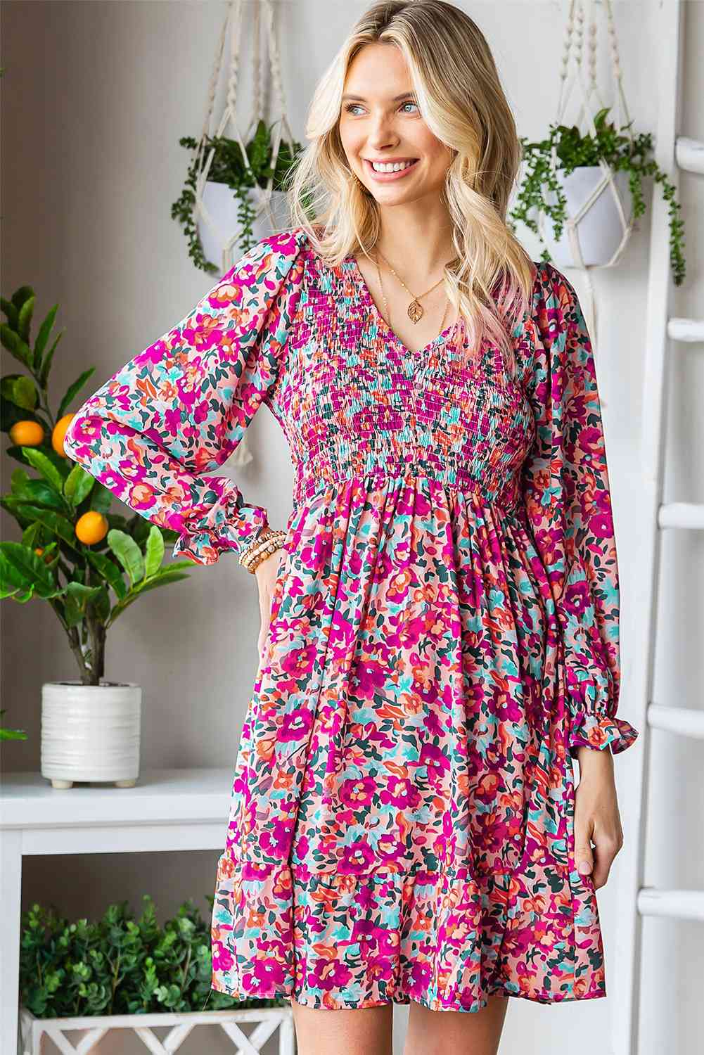 Floral Smocked V-Neck Flounce Sleeve Dress -BazaarBey - www.shopbazaarbey.com