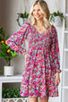 Floral Smocked V-Neck Flounce Sleeve Dress -BazaarBey - www.shopbazaarbey.com