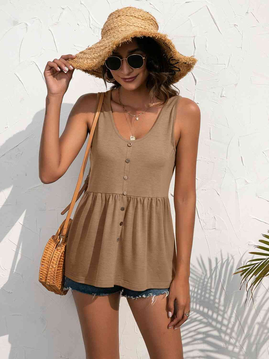 Decorative Button Scoop Neck Tank Bazaarbey
