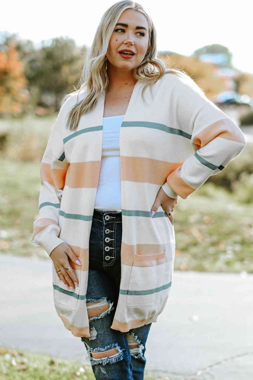  Striped Open Front Cardigan Trendsi