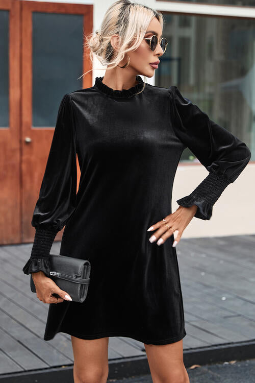 Round Neck Smocked Long Sleeve Mini Dress -BazaarBey - www.shopbazaarbey.com