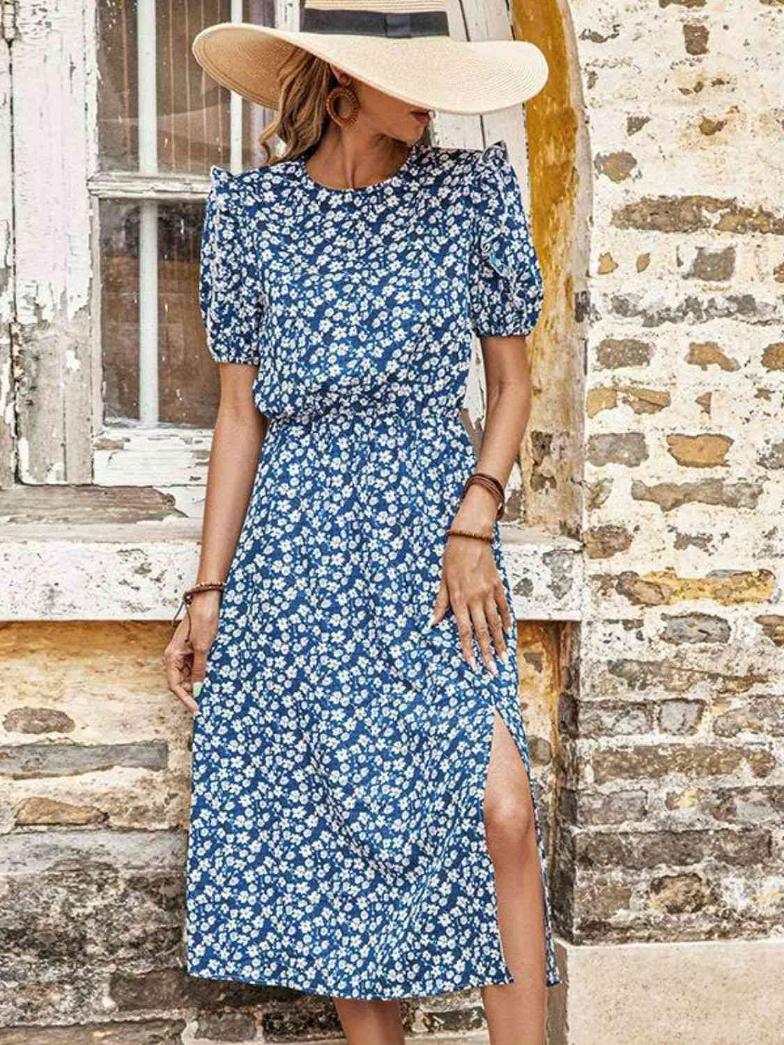 Floral Round Neck Split Midi Dress -BazaarBey - www.shopbazaarbey.com