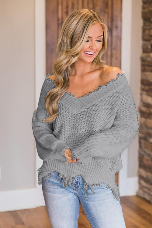 Frayed Hem Dropped Shoulder Sweater Bazaarbey