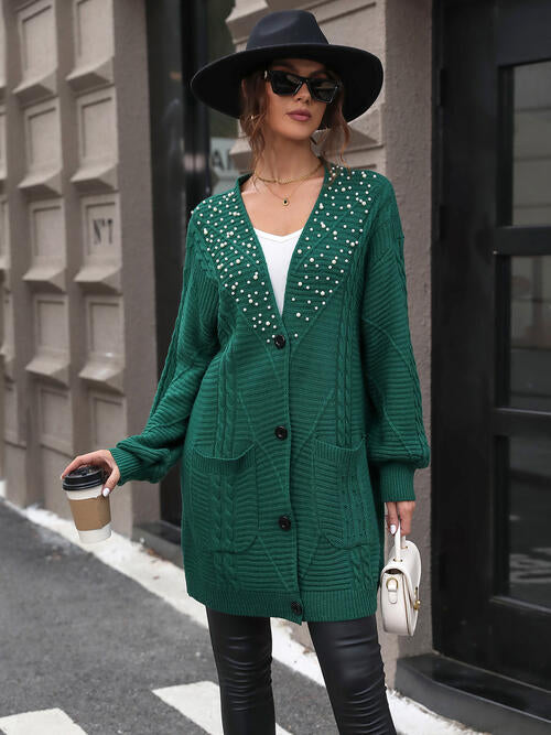 BazaarBey Pearl Detail Cable-Knit Button Up Cardigan Bazaarbey