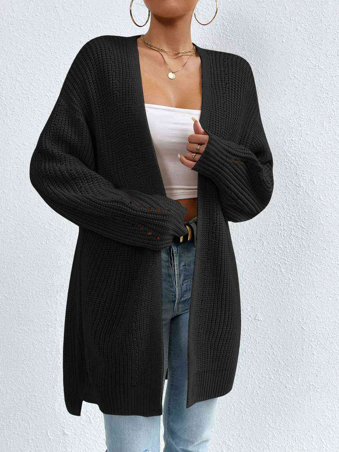 Open Front Dropped Shoulder Slit Cardigan Bazaarbey