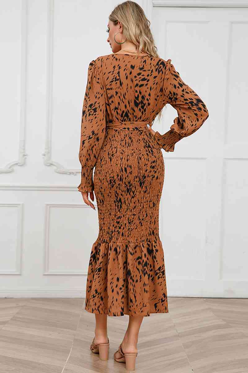Printed V-Neck Smocked Midi Dress -BazaarBey - www.shopbazaarbey.com