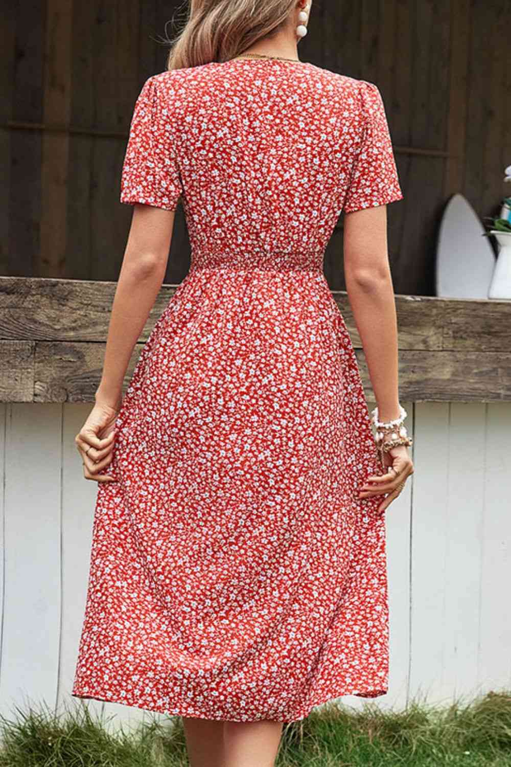  Floral Button Front Tied Puff Sleeve Dress -BazaarBey - www.shopbazaarbey.com