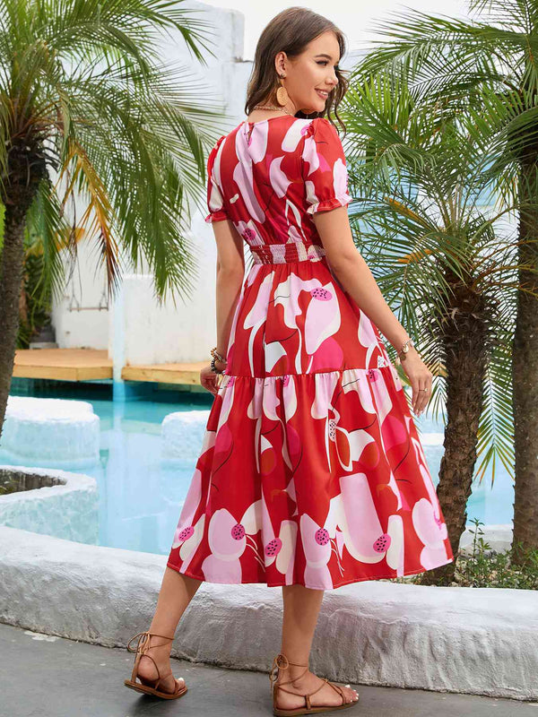 Printed Round Neck Flounce Sleeve Midi Dress -BazaarBey - www.shopbazaarbey.com