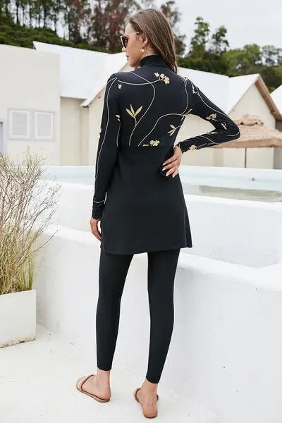 Printed Turtleneck Long Sleeve Top and Pants Swim Set Bazaarbey