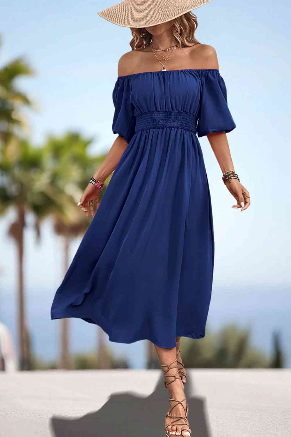 Square Neck Smocked Waist Puff Sleeve Midi Dress -BazaarBey - www.shopbazaarbey.com