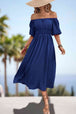 Square Neck Smocked Waist Puff Sleeve Midi Dress -BazaarBey - www.shopbazaarbey.com
