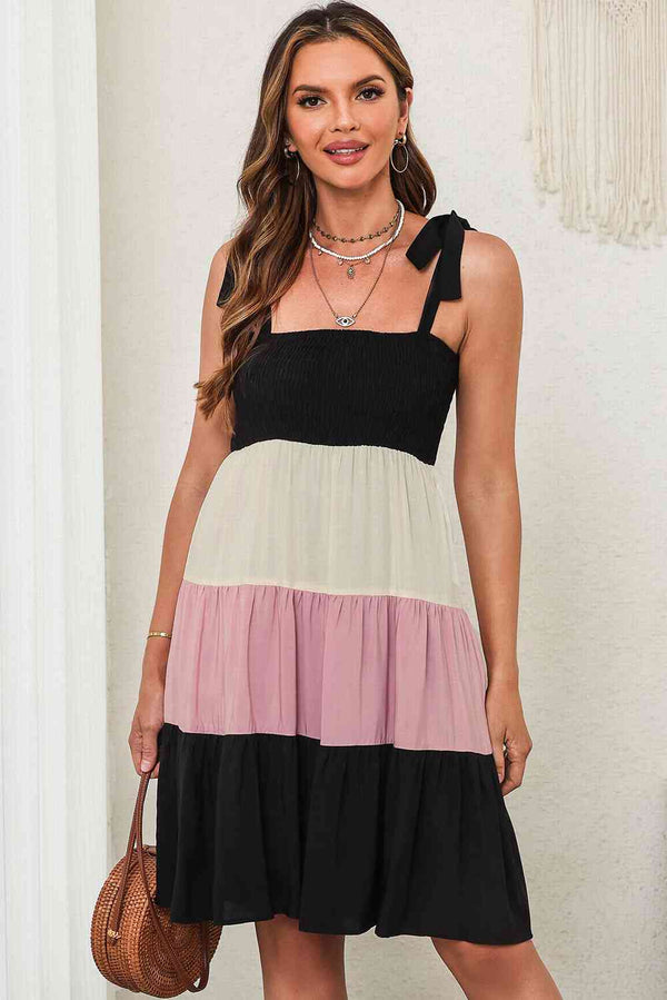 Color Block Tie Shoulder Tiered Dress -BazaarBey - www.shopbazaarbey.com