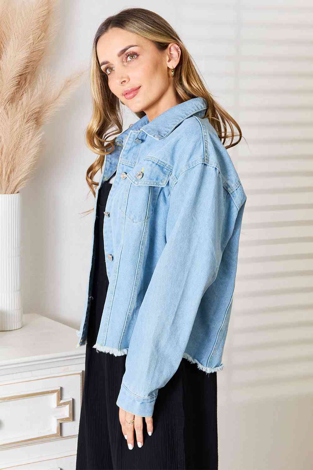  Dropped Shoulder Raw Hem Denim Jacket Bazaarbey