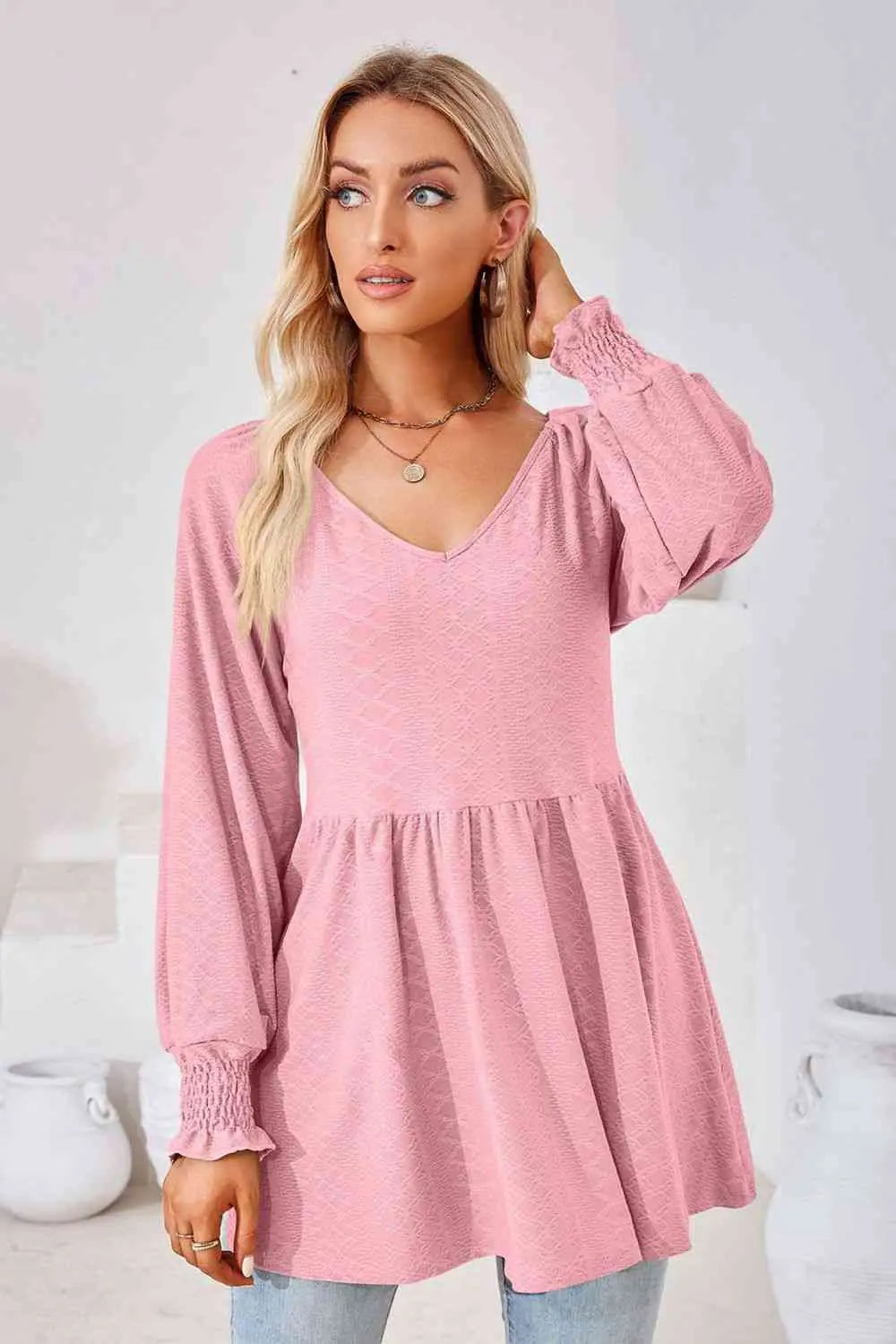 V-Neck Lantern Sleeve Blouse Bazaarbey